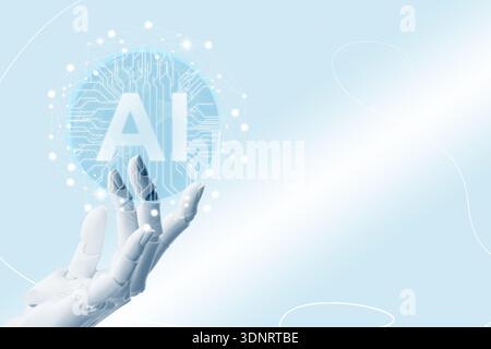 Robotic hand holding virtual AI microchip against light blue gradient background. Artificial intelligence technology Stock Photo