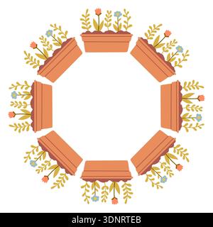 Cute circular frame made of potted plants with flowers. Flat hand drawn vector illustration isolated on white background, ideal for gardening designs Stock Vector