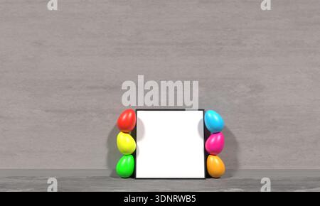 happy easter day eggs colorful frame white isolate color mockup empty blank concrete wallpaper background happy easter day eggs colorful april month p Stock Photo
