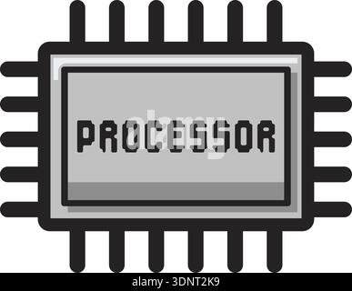 Microchip icon with processor text inside a central chip body and pins around the edges Stock Vector