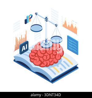 Isometric Brain with Justice Scales on an Open Book. AI Artificial Intelligence Ethics and Law Concept Stock Vector