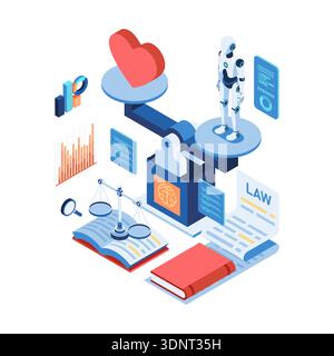 Isometric Artificial Intelligence Ethics and Legal Balance. AI Law Concept Stock Vector