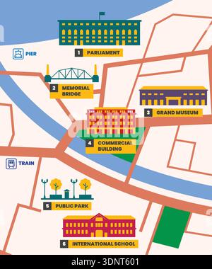 Building icons on city map infographic. Design template. Vector illustration Stock Vector