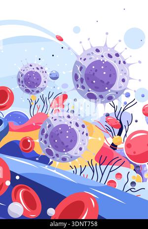 Virus bacteria pathogen infection disease anatomy cells blood microscopic medical background abstract blue red purple organic shapes Stock Vector