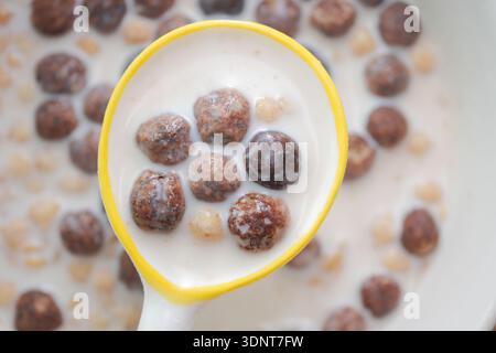 Bowl of cereal with milk in a kitchen setting Stock Photo