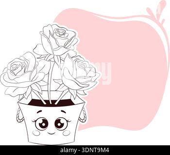 cute smiling rose flower in pot, friendly face with winking eyes, hand drawn outline over soft pastel pink, place for text Stock Vector
