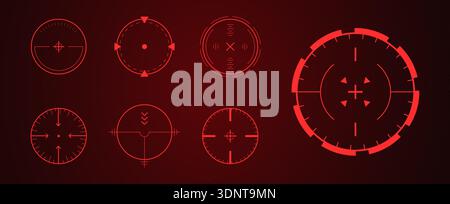 Crosshair Hud red. Futuristic neon light and laser Hud for game interface. Various glowing icons. UI Vector illustration Stock Vector