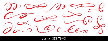 Flourish drawn swash red set. Red flourish calligraphy hand drawn pen brush ink thin stroke line..Vintage doodle swirl scroll underline text decoration texture grunge. Vector illustration. Stock Vector