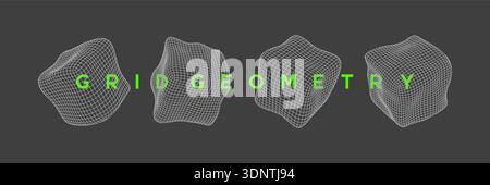 Set of deformed wireframe cube shapes. Stock Vector