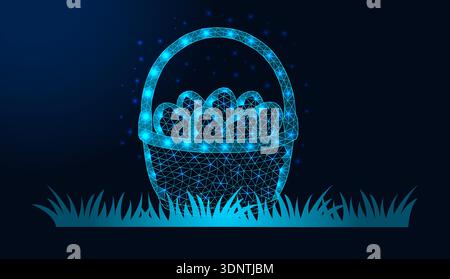 Low poly wireframe easter basket with eggs on grass on dark blue background. Stock Vector