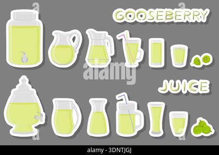 Big kit different types glassware, gooseberry in jugs various size, glassware consisting of organic plastic jugs for fluid gooseberry, jugs of bright Stock Vector