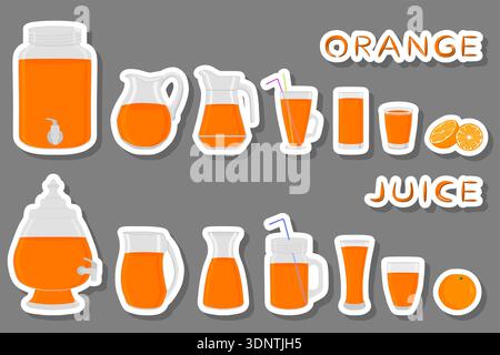 Illustration on theme big kit different types glassware, orange jugs various size, glassware consisting of organic plastic jugs for fluid orange, jugs Stock Vector