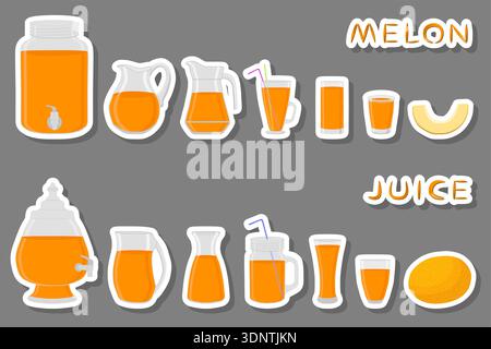 Illustration on theme big kit different types glassware, melon in jugs various size, glassware consisting of organic plastic jugs for fluid melon, jug Stock Vector