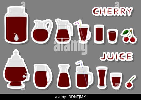 Illustration on theme big kit different types glassware, cherry jugs various size, glassware consisting of organic plastic jugs for fluid cherry, jugs Stock Vector