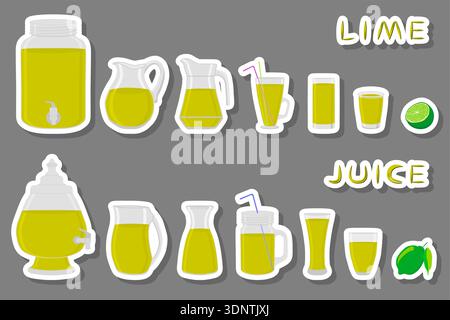 Illustration on theme big kit different types glassware, lime in jugs various size, glassware consisting of organic plastic jugs for fluid lime, jugs Stock Vector