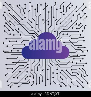 purple cloud technology icon with integrated circuit lines and nodes symbolizing global data storage high speed internet and cyber security systems on Stock Vector