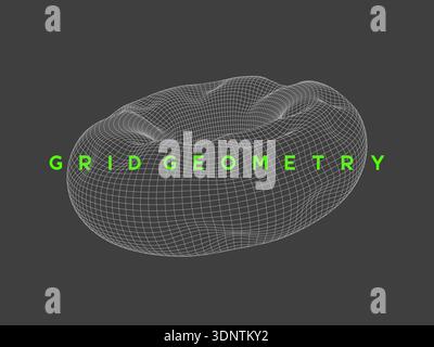 Distorted wireframe torus shape with organic, fluid mesh design. Mathematical mesh shape for futuristic tech design, science and digital projects. Stock Vector