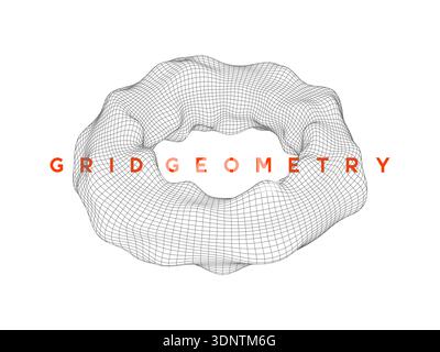 Distorted wireframe torus shape with organic, fluid mesh design. Mathematical mesh shape for futuristic tech design, science and digital projects. Stock Vector