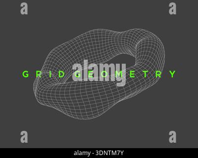 Distorted wireframe torus shape with organic, fluid mesh design. Mathematical mesh shape for futuristic tech design, science and digital projects. Stock Vector
