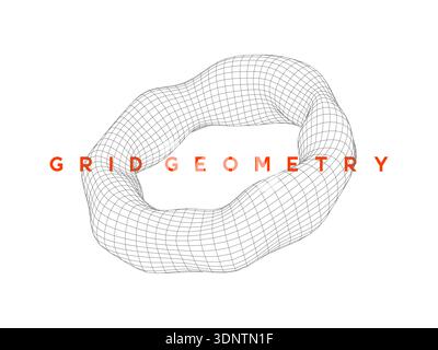 Distorted wireframe torus shape with organic, fluid mesh design. Mathematical mesh shape for futuristic tech design, science and digital projects. Stock Vector