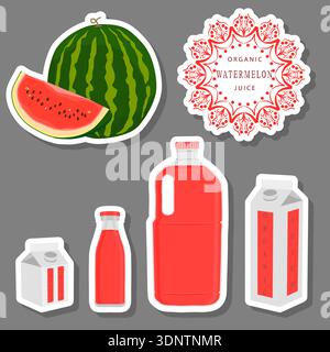 Illustration on theme big set different types of juice watermelon in bottle, juice watermelon pattern consisting of collection organic beverage to bot Stock Vector