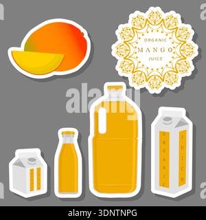 Illustration on theme big set different types of juice mango in bottle, juice mango pattern consisting of collection organic beverage to bottle, brigh Stock Vector