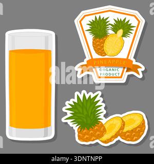 Illustration on theme big set different types juice pineapple in glass cup, juice pineapple pattern consisting of collection organic beverage to glass Stock Vector