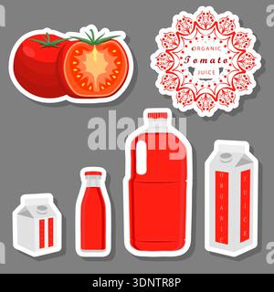 Illustration on theme big set different types of juice tomato in bottle, juice tomato pattern consisting of collection organic beverage to bottle, bri Stock Vector