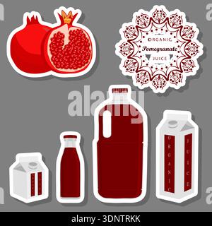 Illustration on theme big set different types of juice pomegranate in bottle, juice pomegranate pattern consisting of collection organic beverage to b Stock Vector