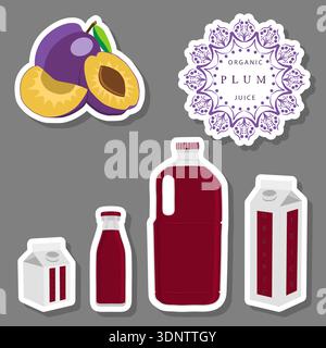 Illustration on theme big set different types of juice plum in bottle, juice plum pattern consisting of collection organic beverage to bottle, bright Stock Vector
