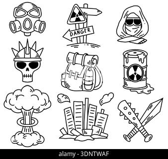 Vector set of outline icons. Post-apocalyptic and nuclear war. Protective mask, sign, city, chemical tank, nuclear explosion, and backpack. Clipart co Stock Vector