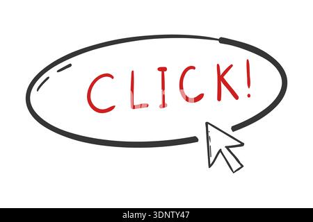 Stamp doodle click here with cursor pointer. Mouse pointer arrow, Computer click icon. Web site register Freehand drawing style. Vector illustration Stock Vector