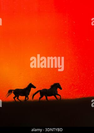 Silhouette Horses on red and golden background. Happy Chinese New Year. Year of the Horse – Chinese zodiac symbol. Stock Photo