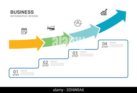 Business success growth infographic with four steps and rising arrows. Stock Vector