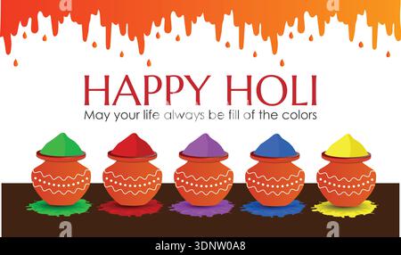 Holi Festival Background with Colorful Clay Pots, Paint Splashes and Dripping Paint Design Stock Vector