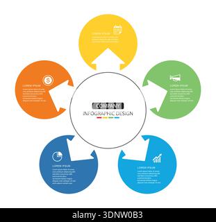 Business expansion strategy infographic with five circular segments and arrows. Stock Vector