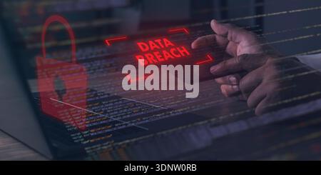 Cybersecurity data breach alert concept showing hacked network systems, digital lock and warning message, representing information security risk, inci Stock Photo