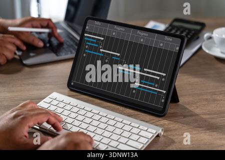Project management dashboard concept with Gantt timeline and progress tracking representing schedule control, reporting, workflow project management d Stock Photo