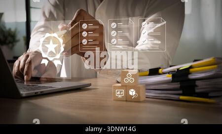 Quality certificate certified certification assurance and compliance concept with document review control and checklist , businessman completes a busi Stock Photo