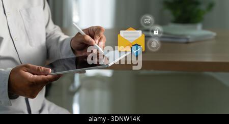 secure email icons, encrypted mail, biometric authentication, privacy protection for compliance communication identity verification Stock Photo