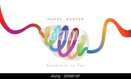 Happy Easter Goodness to You – Floating 3D Egg with Colorful Abstract Wave Ribbon Background Stock Vector
