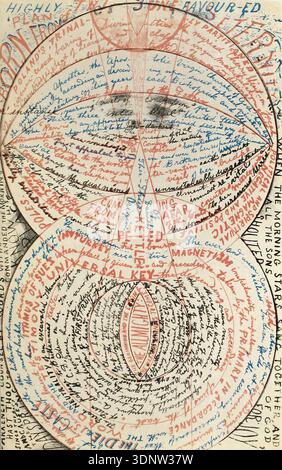 This dense and intricate abstract artwork from the 1870s was created by G. Mackenzie, an artist known for illustrating the writings of the insane. The composition features overlapping circular and geometric shapes in red, blue, and black ink, filled with densely handwritten English text, creating a visually complex and highly detailed piece. Stock Photo