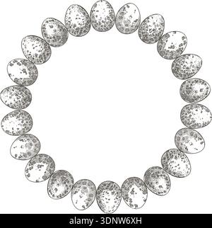 Easter rustic wreath with quail spotted eggs in vintage sketch style. Hand drawn vector decorative festive design. Graphic circle frame for greeting card template. Perfect for spring holiday season. Stock Vector
