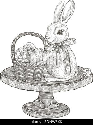Easter egg basket with cute rabbit on the wood stand. Vector illustration in vintage sketch style. Festive arrangement with spring happy scene. Hand drawn holiday design. Greeting card template. Stock Vector