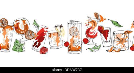 Amber spirits, cocktails with citrus and mint. Brandy whisky, fruit lemonade, juice splash. Seamless vector banner strip for headers, packaging Stock Vector