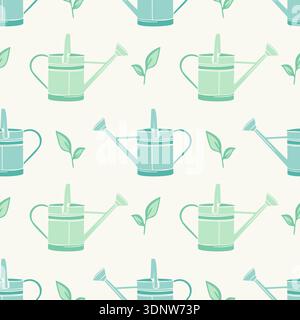 Spring gardening, watering sprouts and seeds. A pattern with watering cans and green sprouts on light background. Vector illustration Stock Vector