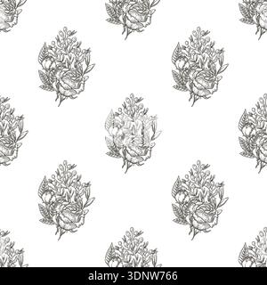 Rose flower bouquet seamless pattern with wildflower. Hand drawn vector outline design in vintage sketch style. Floral graphic print ideal for wallpaper. Perfect for wedding fabric and wrapping paper. Stock Vector