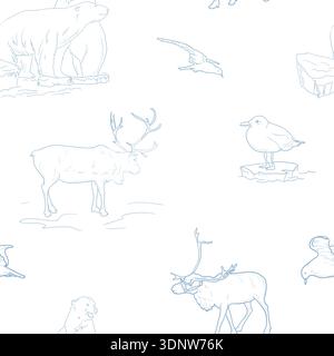 Arctic animals on a seamless pattern. Vector illustration. Monochrome graphic sketch of polar fauna isolated on a white background. Reindeer, polar Stock Vector