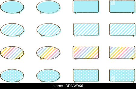 Cute hand-drawn speech bubble set in blue and pastel tones with dots, stripes, and colorful accents. Perfect for comic-style designs, pop layouts, tex Stock Vector