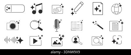 Ai generated set audio or media icons. Ai star sparkle symbol, creative artificial intelligence and machine learning technology concept. Generative AI. music generated, image generate, magic pencil. Vector illustration Stock Vector